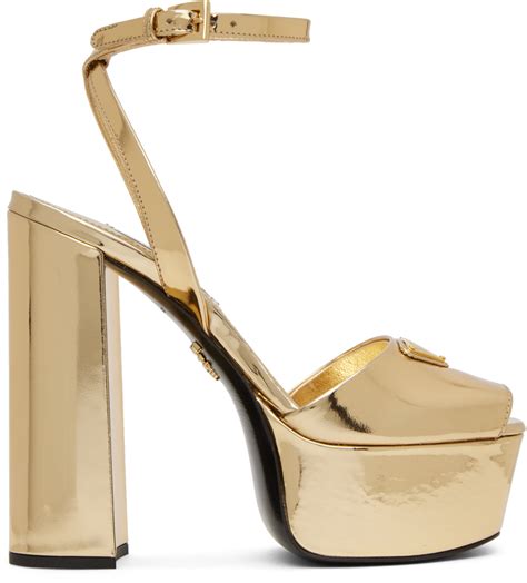 prada yellow gold slip on sandals with 1 inch heel|Prada denim sandals.